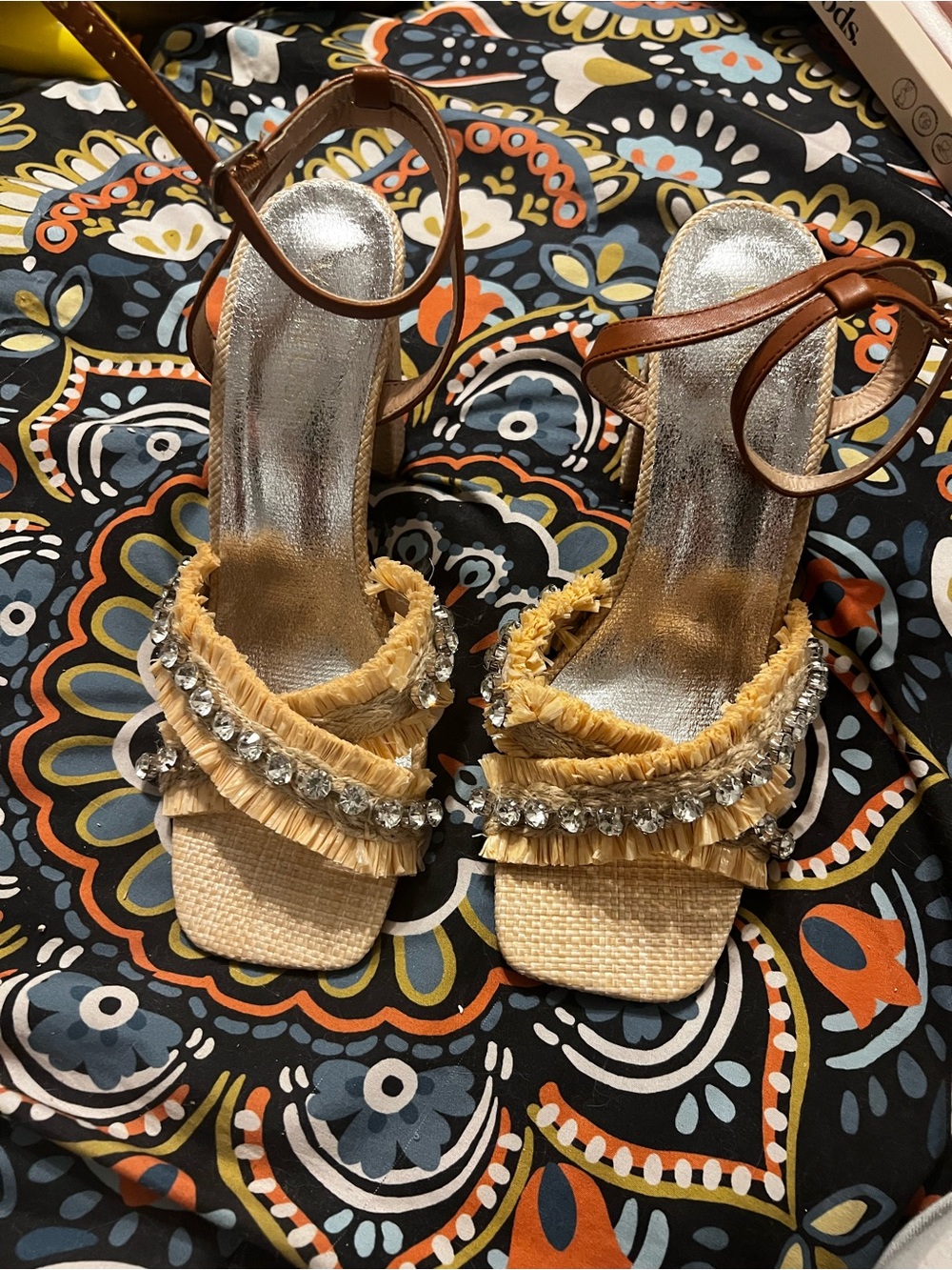 VENUS Tan Raffia Heeled Sandals with Crystal Trim